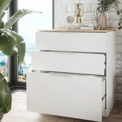 Vicco Kommode Betti, Kommodenschrank, Weiß/Sonoma, 80 x 90 cm mit 3 Schubladen