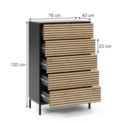 Vicco Kommode "Eliza", Schwarz/Eiche, 76 x 120 cm mit 5 Schubladen