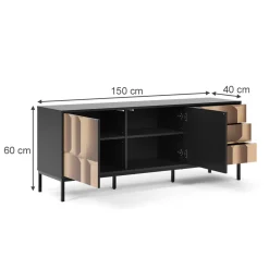 Vicco Lowboard "Eliza", Schwarz/Eiche, 150 x 60 cm mit 3 Schubladen