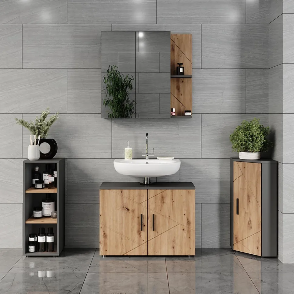 Vicco Midischrank Anthrazit/Artisan Irma 30x81x30 cm - Die Badezimmermöbel, Mehr Ordnung im Badezimmer durch übersichtliche Ablage