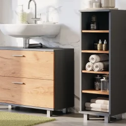 Vicco Midischrank Anthrazit/Goldkraft Eiche Ilias 30x95x30 cm - Die Badezimmermöbel, Mehr Ordnung im Badezimmer durch übersichtliche Ablage