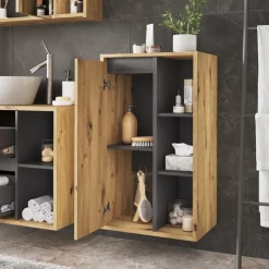 Vicco Midischrank Artisan/Grau Viola 50x86x33 cm - Die Badezimmermöbel, Leichte Reinigung des Bodens dank wandhängender Montage