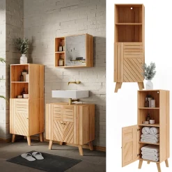 Vicco Midischrank Bambus Lucie 40x124x36 cm - Die Badezimmermöbel, Kombination aus offenen Fächern und Türen für flexible Nutzung