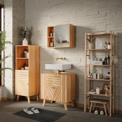 Vicco Midischrank Bambus Lucie 40x124x36 cm - Die Badezimmermöbel, Kombination aus offenen Fächern und Türen für flexible Nutzung