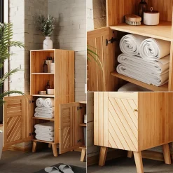 Vicco Midischrank Bambus Lucie 40x124x36 cm - Die Badezimmermöbel, Kombination aus offenen Fächern und Türen für flexible Nutzung