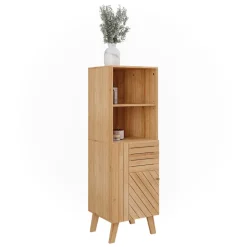 Vicco Midischrank Bambus Lucie 40x124x36 cm - Die Badezimmermöbel, Kombination aus offenen Fächern und Türen für flexible Nutzung