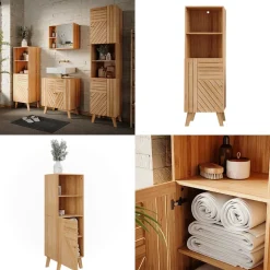 Vicco Midischrank Bambus Lucie 40x124x36 cm - Die Badezimmermöbel, Kombination aus offenen Fächern und Türen für flexible Nutzung