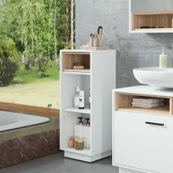 Vicco Midischrank Weiß/Sonoma Beatrice 38x93x30 cm - Aufbewahrungsschrank, Viel Stauraum für Handtücher, Kosmetik & Pflegeprodukte