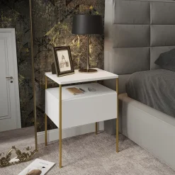 Vicco Nachttisch Mira, Nachtkommode, Weiß/Gold, 40 x 50 cm