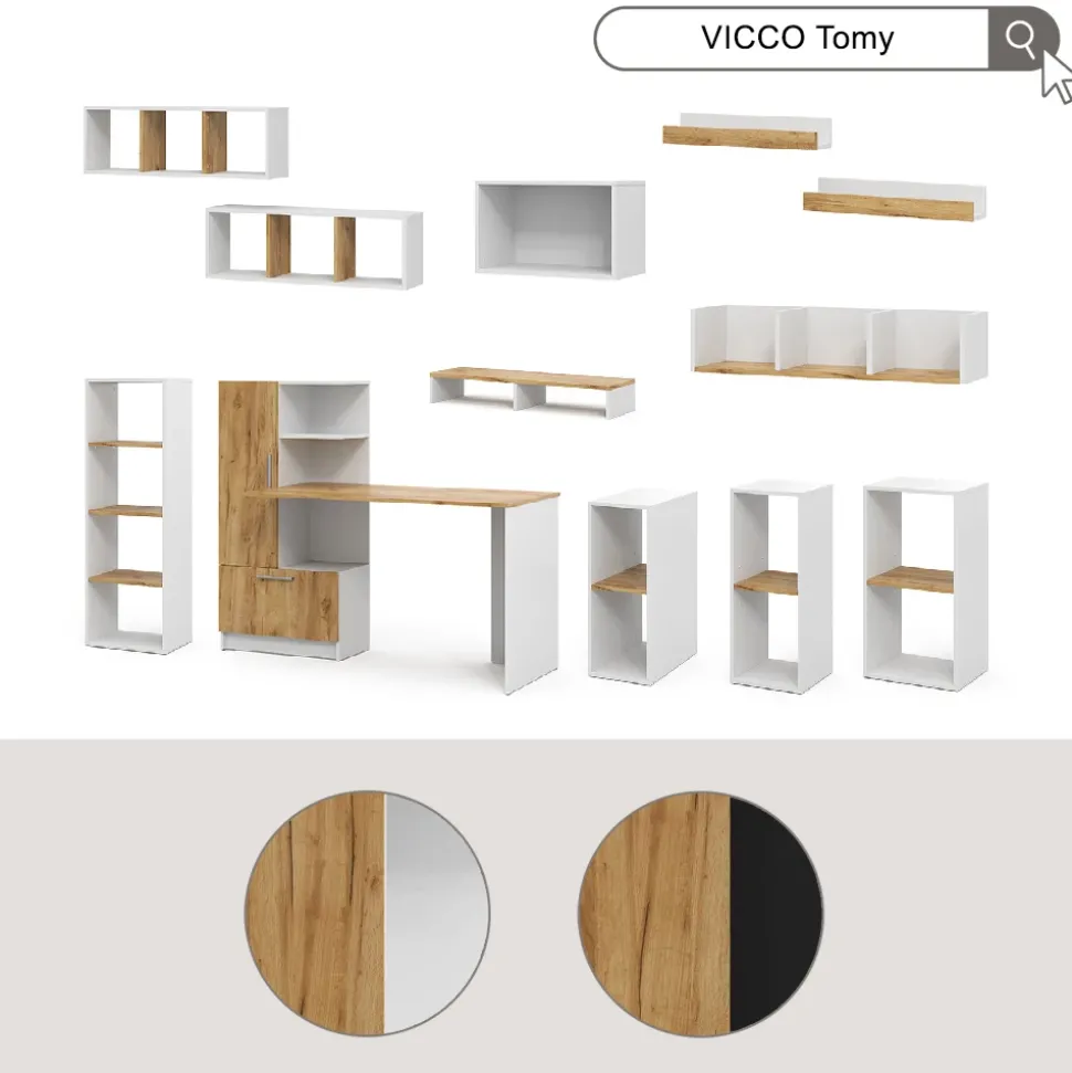 Vicco PC-Schrank "Tomy", Weiß/Goldkraft Eiche, 28.5 x 50 cm mit 2 offenen Fächern
