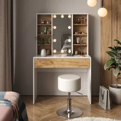 Vicco Schminktisch Goldkraft Eiche/Weiß Alexa 93x147x40 cm - Kosmetiktisch, Schafft sofort ein aufgeräumtes Beauty-Setup