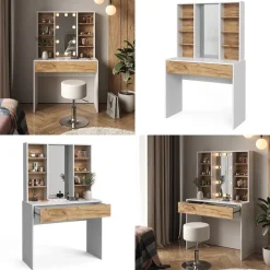 Vicco Schminktisch Goldkraft Eiche/Weiß Alexa 93x147x40 cm - Kosmetiktisch, Schafft sofort ein aufgeräumtes Beauty-Setup