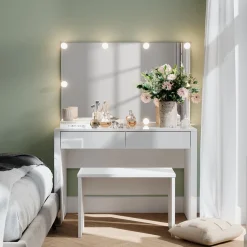 Vicco Schminktisch Weiß Hochglanz/Weiß Annabelle 110x75.5x50 cm - Frisiertisch, Hält täglich genutzte Produkte immer griffbereit