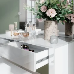 Vicco Schminktisch Weiß Hochglanz/Weiß Annabelle 110x75.5x50 cm - Frisiertisch, Hält täglich genutzte Produkte immer griffbereit