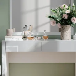 Vicco Schminktisch Weiß Hochglanz/Weiß Annabelle 110x75.5x50 cm - Frisiertisch, Hält täglich genutzte Produkte immer griffbereit