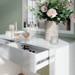 Vicco Schminktisch Weiß Hochglanz/Weiß Annabelle 110x75.5x50 cm - Frisiertisch, Hält täglich genutzte Produkte immer griffbereit