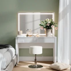 Vicco Schminktisch Weiß Hochglanz/Weiß Annabelle 110x75.5x50 cm - Frisiertisch, Hält täglich genutzte Produkte immer griffbereit