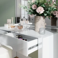 Vicco Schminktisch Weiß Hochglanz/Weiß Annabelle 110x75.5x50 cm - Frisiertisch, Hält täglich genutzte Produkte immer griffbereit