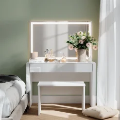 Vicco Schminktisch Weiß Hochglanz/Weiß Annabelle 110x75.5x50 cm - Frisiertisch, Hält täglich genutzte Produkte immer griffbereit