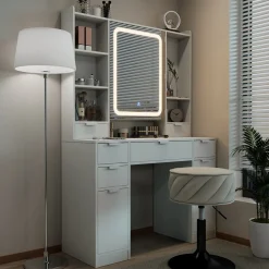 Vicco Schminktisch Weiß Solea 105x156x40 cm - Frisiertisch, Separate Bereiche für Pinsel, Paletten & Schmuck