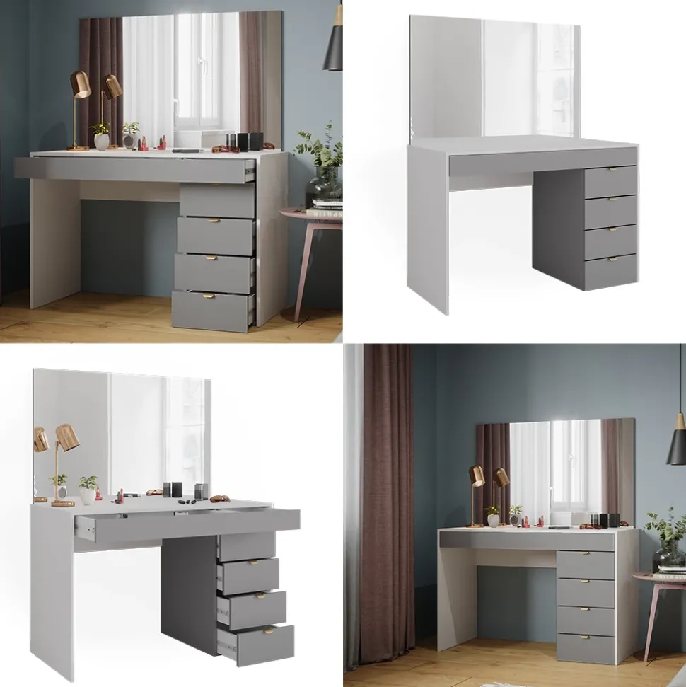 Vicco Schminktisch Weiß/Grau/Grau Elise 115x76x55 cm - Kosmetiktisch, Schubladensystem für Ordnung im Alltag