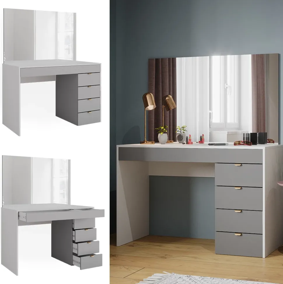 Vicco Schminktisch Weiß/Grau/Grau Elise 115x76x55 cm - Kosmetiktisch, Schubladensystem für Ordnung im Alltag