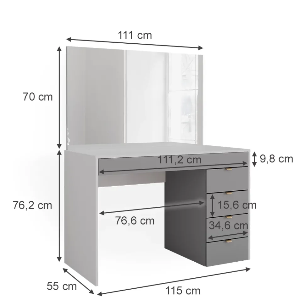 Vicco Schminktisch Weiß/Grau/Grau Elise 115x76x55 cm - Kosmetiktisch, Schubladensystem für Ordnung im Alltag