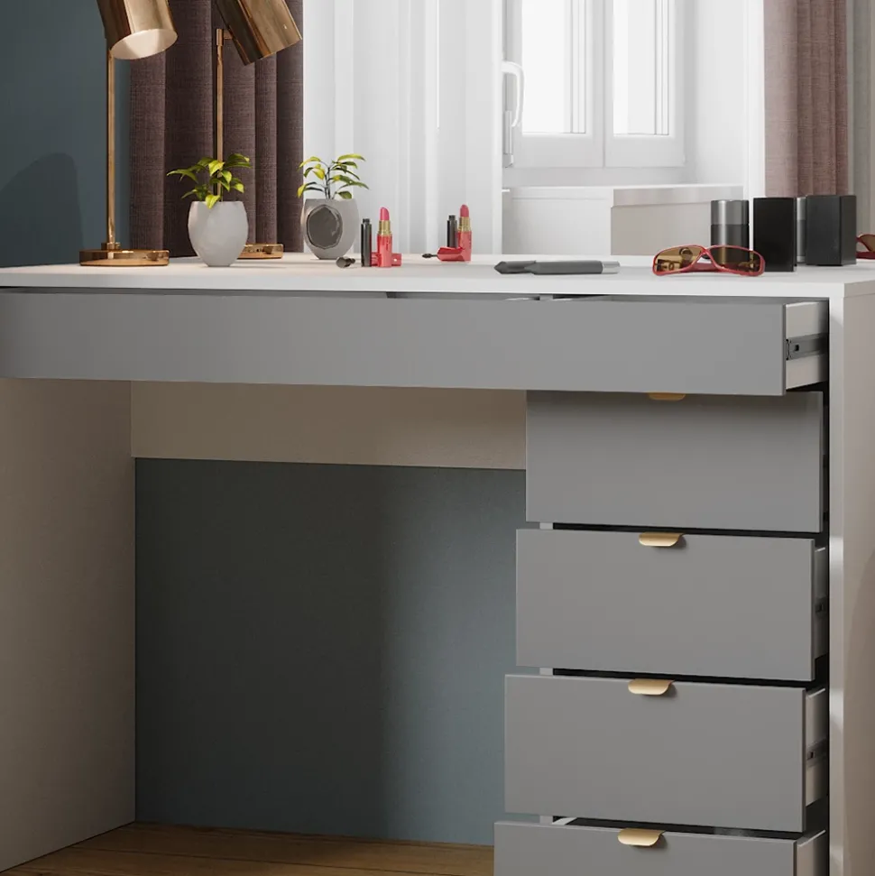 Vicco Schminktisch Weiß/Grau/Grau Elise 115x76x55 cm - Kosmetiktisch, Schubladensystem für Ordnung im Alltag