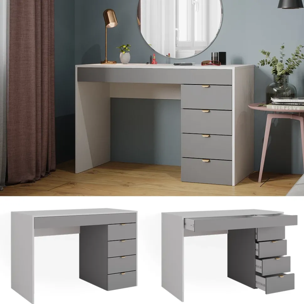 Vicco Schminktisch Weiß/Grau/Grau Elise 115x76x55 cm - Kosmetiktisch, Schubladensystem für Ordnung im Alltag