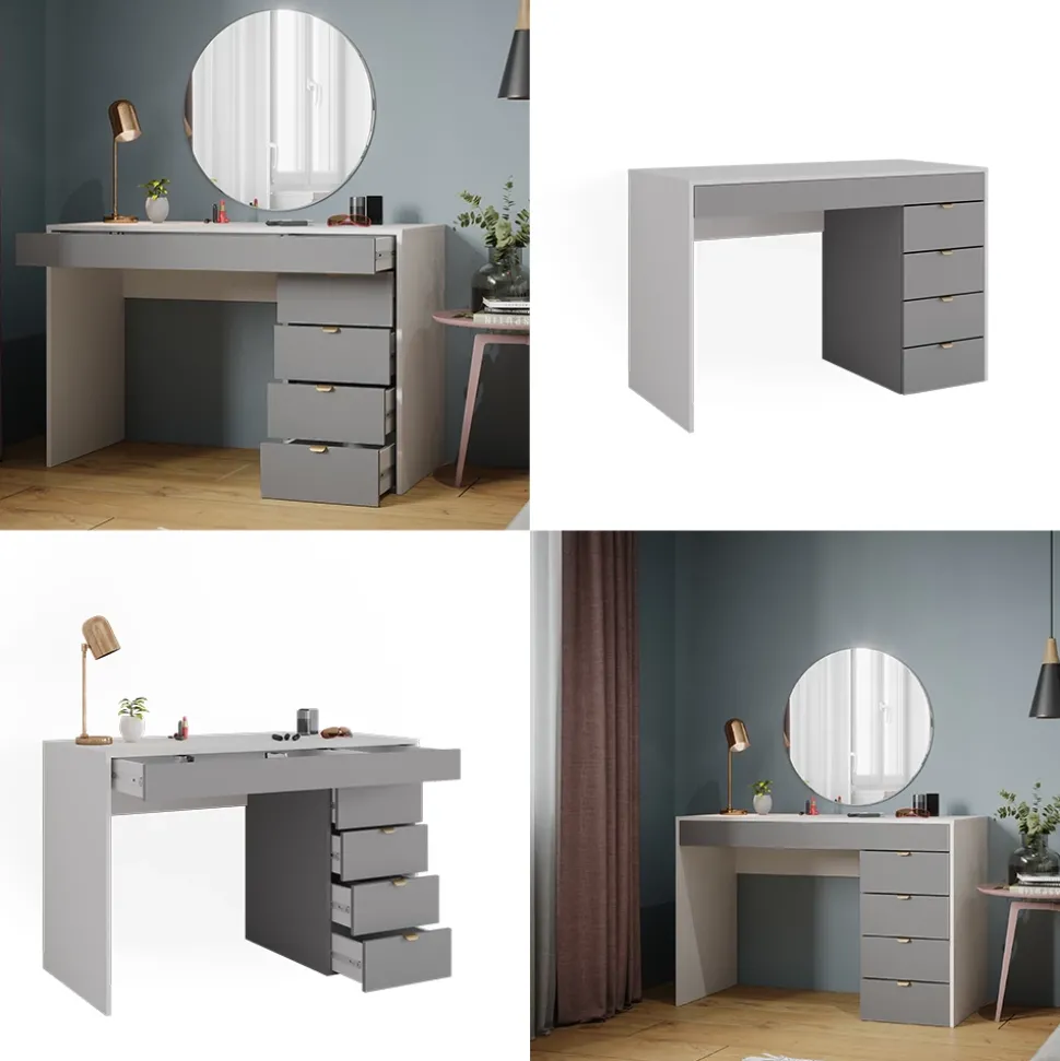 Vicco Schminktisch Weiß/Grau/Grau Elise 115x76x55 cm - Kosmetiktisch, Schubladensystem für Ordnung im Alltag