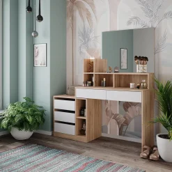 Vicco Schminktisch Weiß/Sonoma Anja 139.8x115x40 cm - Kosmetiktisch, Schubladen für Ordnung im Chaos