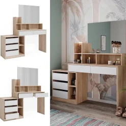Vicco Schminktisch Weiß/Sonoma Anja 139.8x115x40 cm - Kosmetiktisch, Schubladen für Ordnung im Chaos