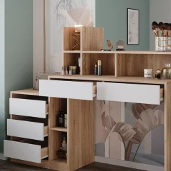 Vicco Schminktisch Weiß/Sonoma Anja 139.8x115x40 cm - Kosmetiktisch, Schubladen für Ordnung im Chaos