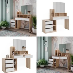 Vicco Schminktisch Weiß/Sonoma Anja 139.8x115x40 cm - Kosmetiktisch, Schubladen für Ordnung im Chaos