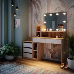 Vicco Schminktisch Weiß/Sonoma Anja 139.8x115x40 cm - Frisiertisch, Schubladen für Ordnung im Chaos