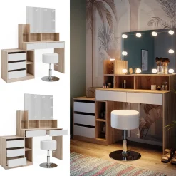 Vicco Schminktisch Weiß/Sonoma Anja 139.8x115x40 cm - Frisiertisch, Schubladen für Ordnung im Chaos