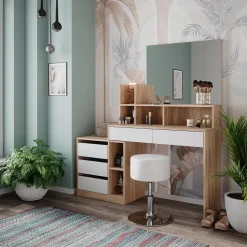 Vicco Schminktisch Weiß/Sonoma Anja 139.8x115x40 cm - Frisiertisch, Schubladen für Ordnung im Chaos