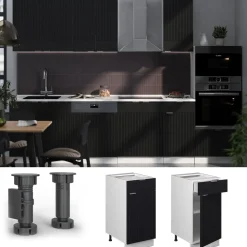 Vicco Schubunterschrank Fame-Line, Schubladenschrank für die Küche, Schwarz gestreift, 40 cm, AP Marmor