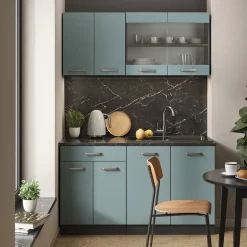 Vicco Singleküche "R-Line", Blau-Grau/Anthrazit, 140 cm ohne Arbeitsplatte