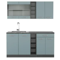 Vicco Singleküche "R-Line", Blau-Grau/Anthrazit, 160 cm ohne Arbeitsplatte