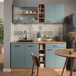 Vicco Singleküche "R-Line", Blau-Grau/Goldkraft Eiche, 160 cm ohne Arbeitsplatte