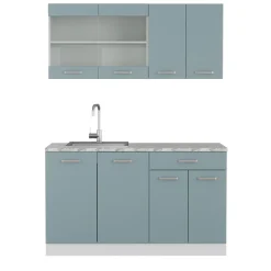 Vicco Singleküche R-Line, Küchenzeile Single, Blau-Grau/Weiß, 140 cm, AP Marmor