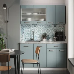 Vicco Singleküche R-Line, Küchenzeile Single, Blau-Grau/Weiß, 140 cm, AP Marmor