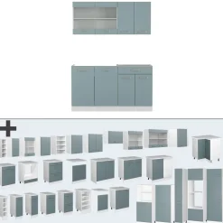 Vicco Singleküche R-Line, Küchenzeile Single, Blau-Grau/Weiß, 140 cm, AP Marmor