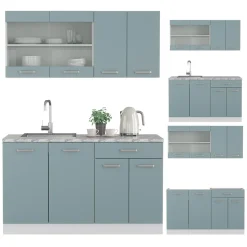 Vicco Singleküche R-Line, Küchenzeile Single, Blau-Grau/Weiß, 140 cm, AP Marmor