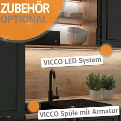 Vicco Singleküche R-Line, Küchenzeile Single, Schwarz Hochglanz/Weiß, 160 cm, AP Marmor
