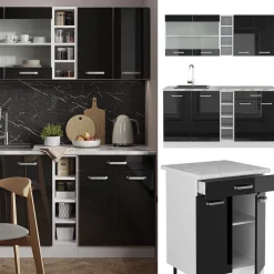 Vicco Singleküche R-Line, Küchenzeile Single, Schwarz Hochglanz/Weiß, 160 cm, AP Marmor