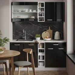 Vicco Singleküche R-Line, Küchenzeile Single, Schwarz Hochglanz/Weiß, 160 cm, AP Marmor