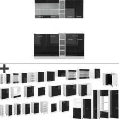 Vicco Singleküche R-Line, Küchenzeile Single, Schwarz Hochglanz/Weiß, 160 cm, AP Marmor