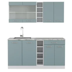 Vicco Singleküche R-Line, Küchenzeile Single, Blau-Grau/Weiß, 160 cm, AP Marmor